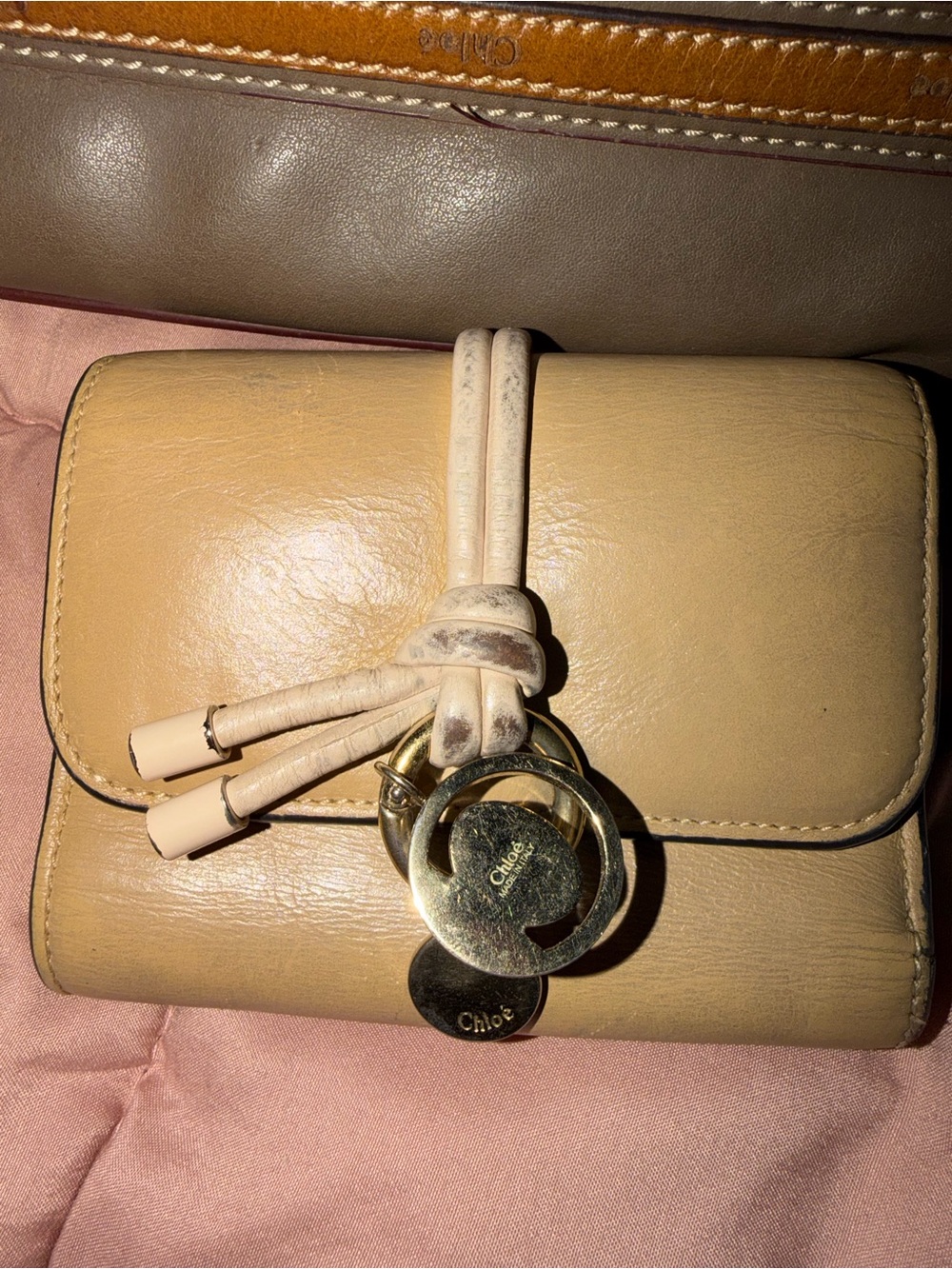 Chloé Beige Leather Wallet with Gold Charm Accents